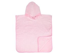 A light pink, hooded baby poncho made of 450 gr material and measuring 55 x 55 cm, suitable for kids' bathrobes.