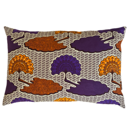 Rectangular cushion with abstract pattern in shades of purple, orange, and brown.