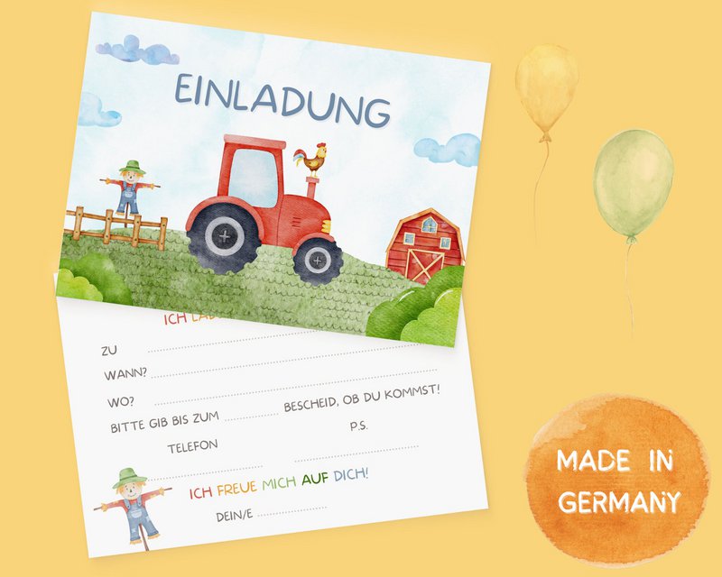 Traktor Einladungskarten - Bauernhof Einladungskarten Set zum Ausfüllen inkl. Umschläge - Bauernhof Kindergeburtstag - Mottoparty Trecker