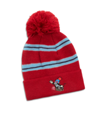  Red knit beanie with gray stripes and a pom-pom, suitable for kids.