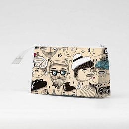 A Tyvek® cosmetic bag with a whimsical, illustrated pattern featuring various cartoon-style faces and accessories.