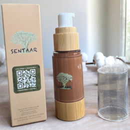  Liquid mineral foundation, brown bottle, natural SPF, wooden pump dispenser, eco-friendly packaging