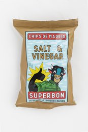 Vinegar & Salt flavored potato chips in a 45g package. The packaging features a cartoon cat and dog characters, indicating a savory and tangy flavor profile.