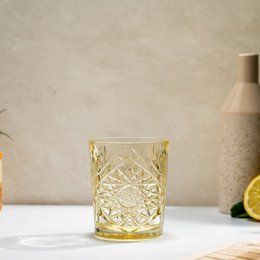 A set of 6 pale yellow, diamond-patterned double old-fashioned glasses, each with a capacity of 355 ml.