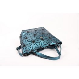 Geometric patterned handbag with shoulder strap, made of durable material in shades of blue and gray.