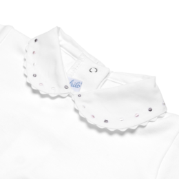 Long-sleeved white cotton baby bodysuit with scalloped collar and cuffs.