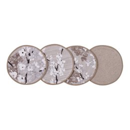 Beige round placemats with twig motif design, double-sided, natural botanical pattern, set of four.