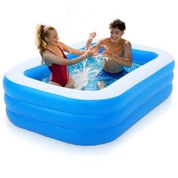 Inflatable blue rectangular kiddie pool, 170x115x47 cm in size, suitable for children to play in during the summer.