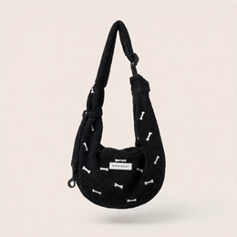  Black dog carrier bag with bone pattern, adjustable straps, small pet sling for puppies up to 8kg.