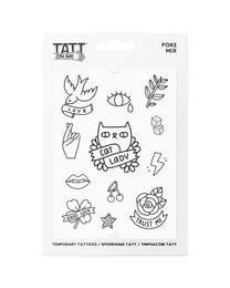 Temporary tattoo sheet featuring various nature-inspired designs including leaves, flowers, and a small owl.