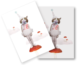 Postcard featuring a whimsical illustration of a cat wearing a polka dot outfit and standing on a mushroom.