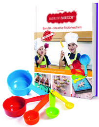 Colorful measuring cups in various shapes and sizes, including a 5-colored set. The cups feature creative kitchen-themed motifs and designs.