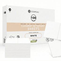 White laundry detergent sheets, eco-friendly and biodegradable, suitable for all washing machines.