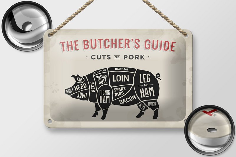 Tin sign pig 18x12cm Pork cuts butcher shop Fliesch decoration