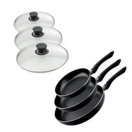 Set of 3 frying pans and 3 glass lids, 20 cm, 24 cm, and 28 cm, Elo Smart Life. Black non-stick frying pans with glass lids.