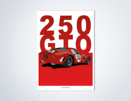 Vintage poster featuring the iconic Ferrari 250 GTO sports car in red and blue color variants. The poster showcases the classic design and sleek silhouette of this legendary racing car.