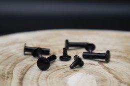 Black screws on wooden surface.