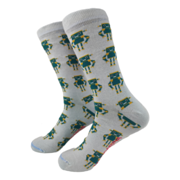 Robots-themed socks in gray with green robot graphics. Available in sizes S (35-40) and L (41-46).
