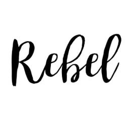 Iron-on application with 'Rebel' text in black. Available in kids shirt sizes S, M, L in black, white, gold, and rose gold colors.