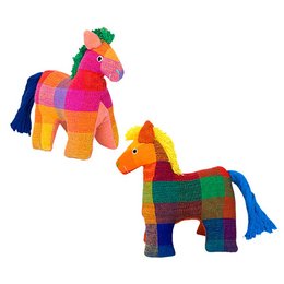 Colorful plush donkey toy with vibrant patchwork design. Soft, cuddly stuffed animal in a variety of bright hues including red, orange, green, and blue.