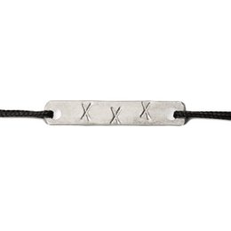Silver-toned bracelet with 'Kisses From Amsterdam' engraved on a rectangular metal plate, connected by a braided black cord.
