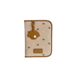  A beige document holder made of canvas material with a leather accent and a metal key-shaped charm. The holder has a rectangular shape and appears to be designed for storing and organizing documents.