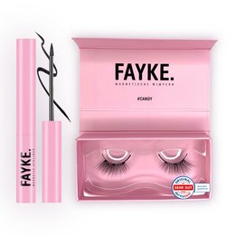 A pink makeup kit containing a pair of false eyelashes and a pink mascara wand. The kit is labeled "FAYKE." The image also shows a close-up of a woman's face with natural-looking makeup.