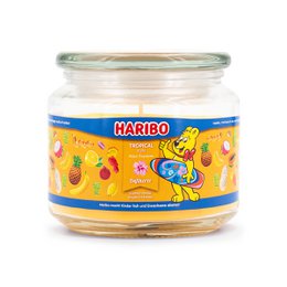  A round, tall candle with a tropical fruit scent. The candle is made in Europe and has a high-quality, long-lasting fragrance.