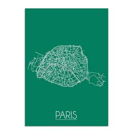 Green poster with a white map of Paris, suitable for wall art in a home or office.