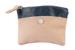 Genuine leather key bag, blue and pink color block design, small coin pocket wallet with zipper closure