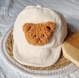 Beige Corduroy Cap With Teddy Bear