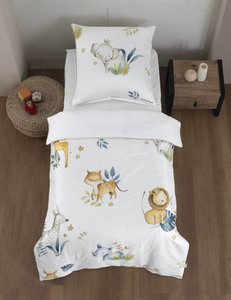 Mako Satin Kinderbettwäsche 135x200cm + 80x80cm Saum und Reißverschluss goldfarben - Safari