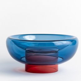 Large blue and red decorative bowl with a spherical shape.