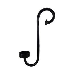 Curved black metal tealight candle holder with a hook for hanging.