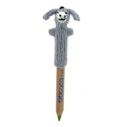  A gray plush doll in the shape of a donkey, attached to a wooden pencil. The doll has a friendly, smiling expression.