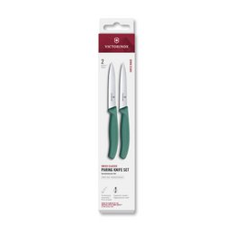 Victorinox Smooth + Serrated Peeling Knife, 10cm, Green. Durable stainless steel blade with smooth and serrated edges for versatile peeling and cutting tasks. Ergonomic green handle provides a comfortable grip.