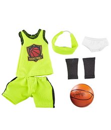 Bright neon yellow basketball outfit with graphic design, includes jersey, shorts, and accessories. Suitable for active play and sports.