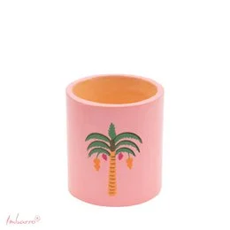Pink cylindrical pencil holder with royal palm tree design, tropical style, ceramic material