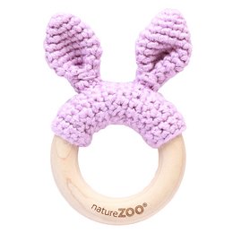 Wooden teether with lavender-colored crocheted bunny ears. Soft, textured surface for soothing baby's gums during teething. Made of natural materials.