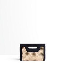 A black and beige clutch bag with a textured pattern and a sleek, minimalist design. The clutch features a structured shape and a simple handle for easy carrying.