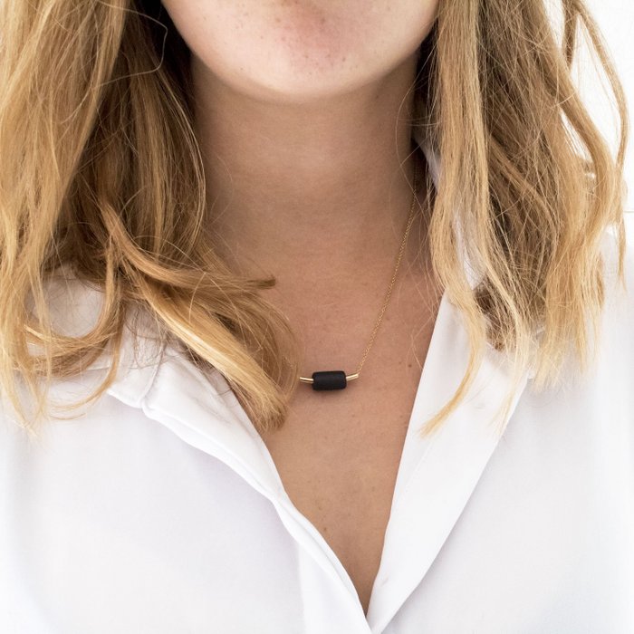 Gold Necklace - Gold Tube & Black Bead