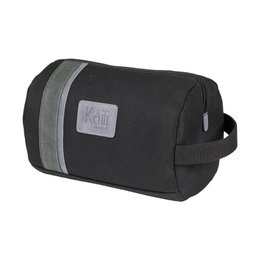  A black canvas and leather toiletry bag with a side handle and zipper closure. Dimensions: 25 x 15 x 17 cm.