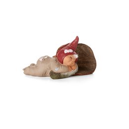  A decorative figurine of a sleeping gnome with a red hat, lying on a mushroom-shaped base.