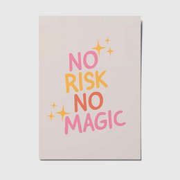  A6 postcard with the text "No risk no magic" in colorful lettering against a light background.
