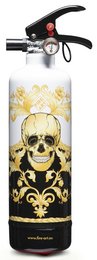 "Baroque-style fire extinguisher with skull design. Metallic body with ornate black and gold patterns. Compact size suitable for home or office use."