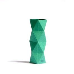 A small, geometric green vase with a unique triangular pattern. The vase is designed to hold a single flower or small arrangement.