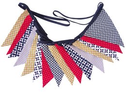 Navy and red party bunting with a mix of geometric and polka dot patterns.