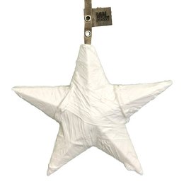 A large, white star-shaped ornament with a textured, wrinkled surface, hanging from a metal hook.