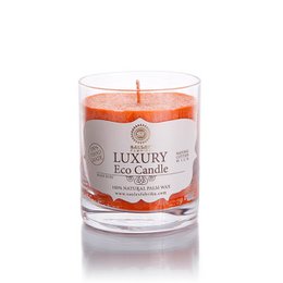 Aroma candles in glass with 8 fragrances including ANGEL, APPLE CAKE, GOLD, J'ADORE, JASMINE-GREEN TEA, MIRABELLA, TURKISH NIGHT, and GINGER. The candles are round and tall, made of wax in various colors.