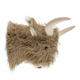 Plush highland cow wall decor, brown, 25cm tall, with soft, shaggy fur and curved horns.